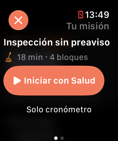 App de Wodmop en Apple Watch: misión Inspección sin preaviso, con opciones Iniciar con Salud y Solo cronómetro